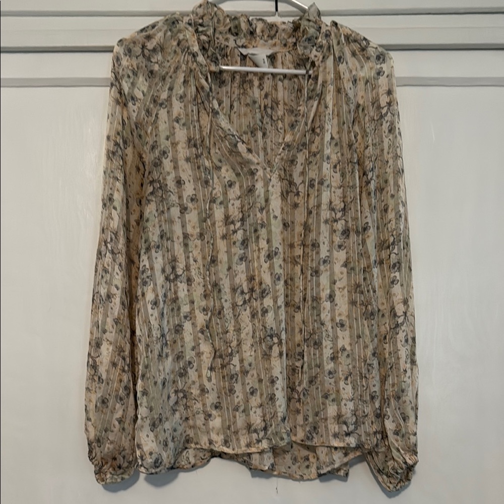 H&M Tan and Brown Ruffled Long Sleeve Blouse